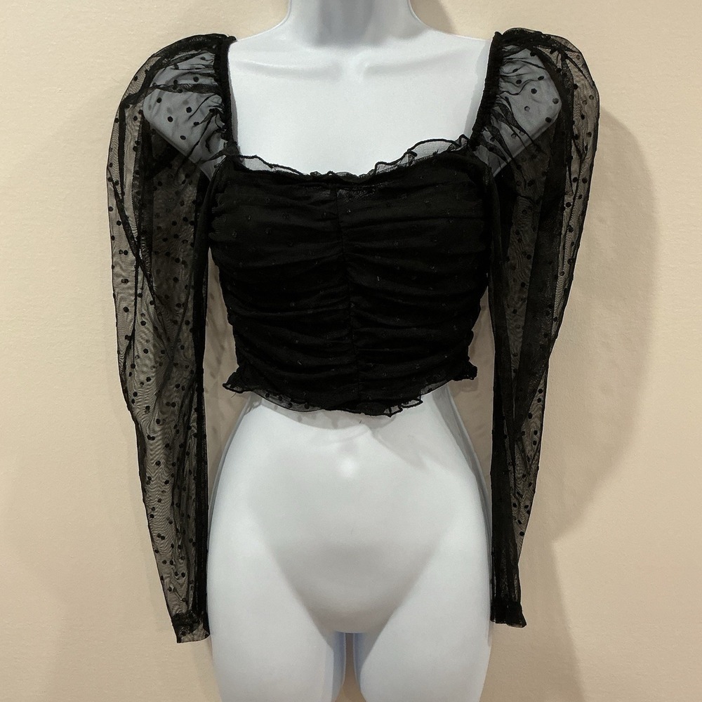Black Sheer Mesh‎ Polka Dot Ruffle Cropped Women's Top Size Small Whimsigoth